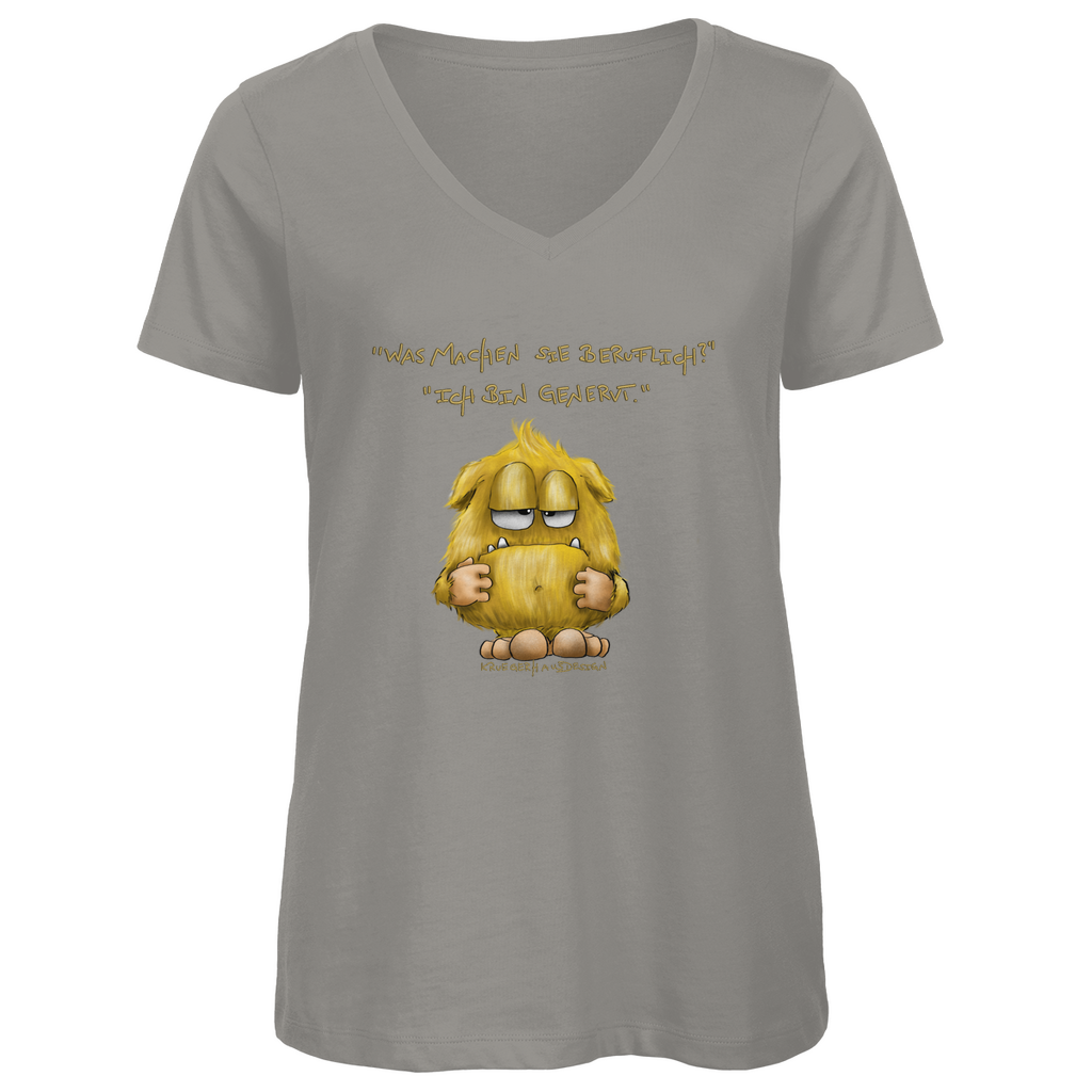 Damen Premium Bio V-Neck T-Shirt, SLIM FIT!, Kruegerhausdesign Monster mit Spruch, Was machen Sie beruflich? Ich bin genervt... #110hell