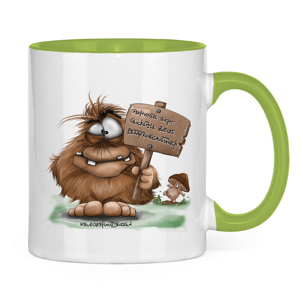 Tasse zweifarbig, Kaffeetasse, Teetasse, Kruegerhausdesign Monster mit Spruch, Pechvogel und Glückspilz