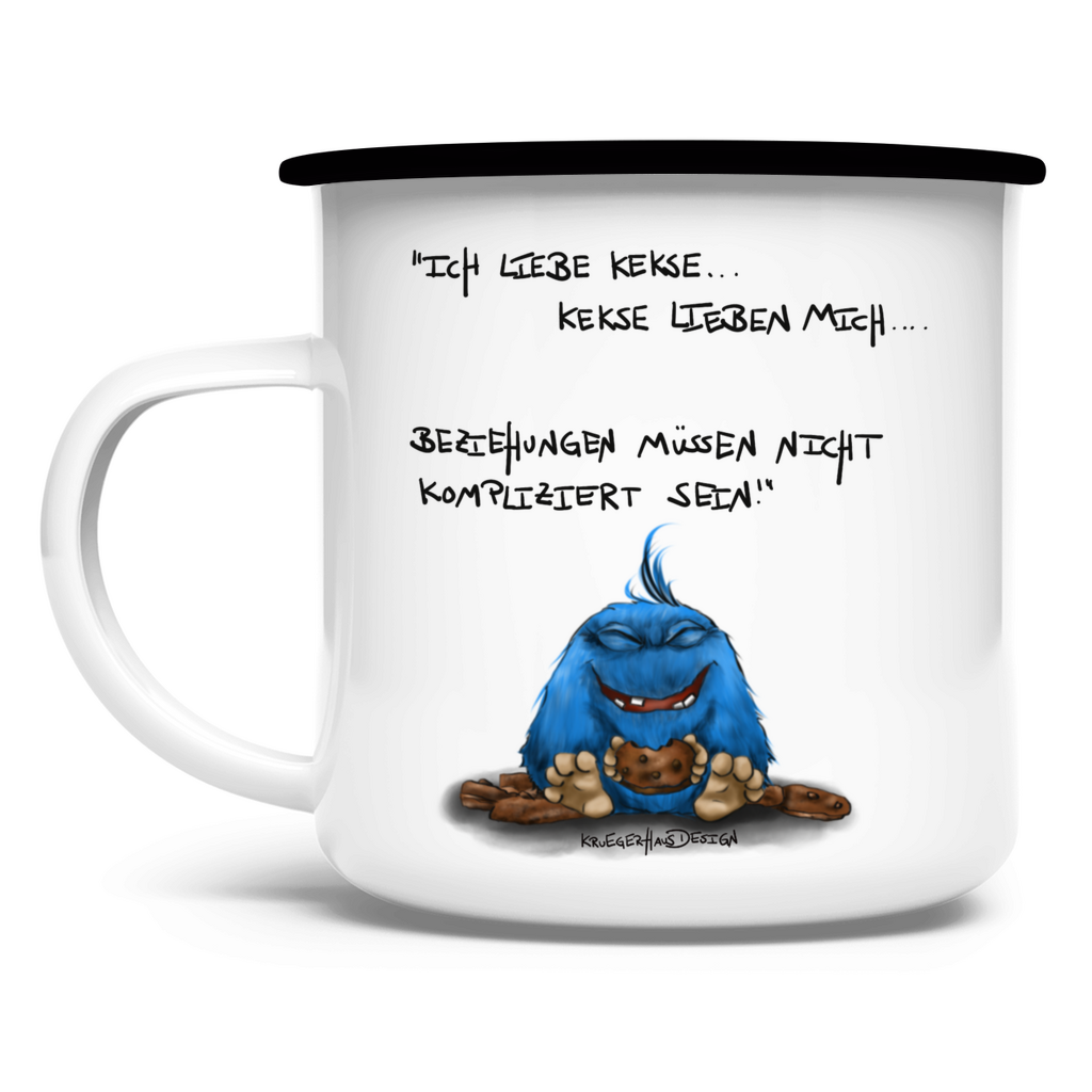 Emaille Tasse, Outdoor, Camping, Kruegerhausdesign Monster und Spruch, Ich liebe Kekse und Kekse lieben mich... #28