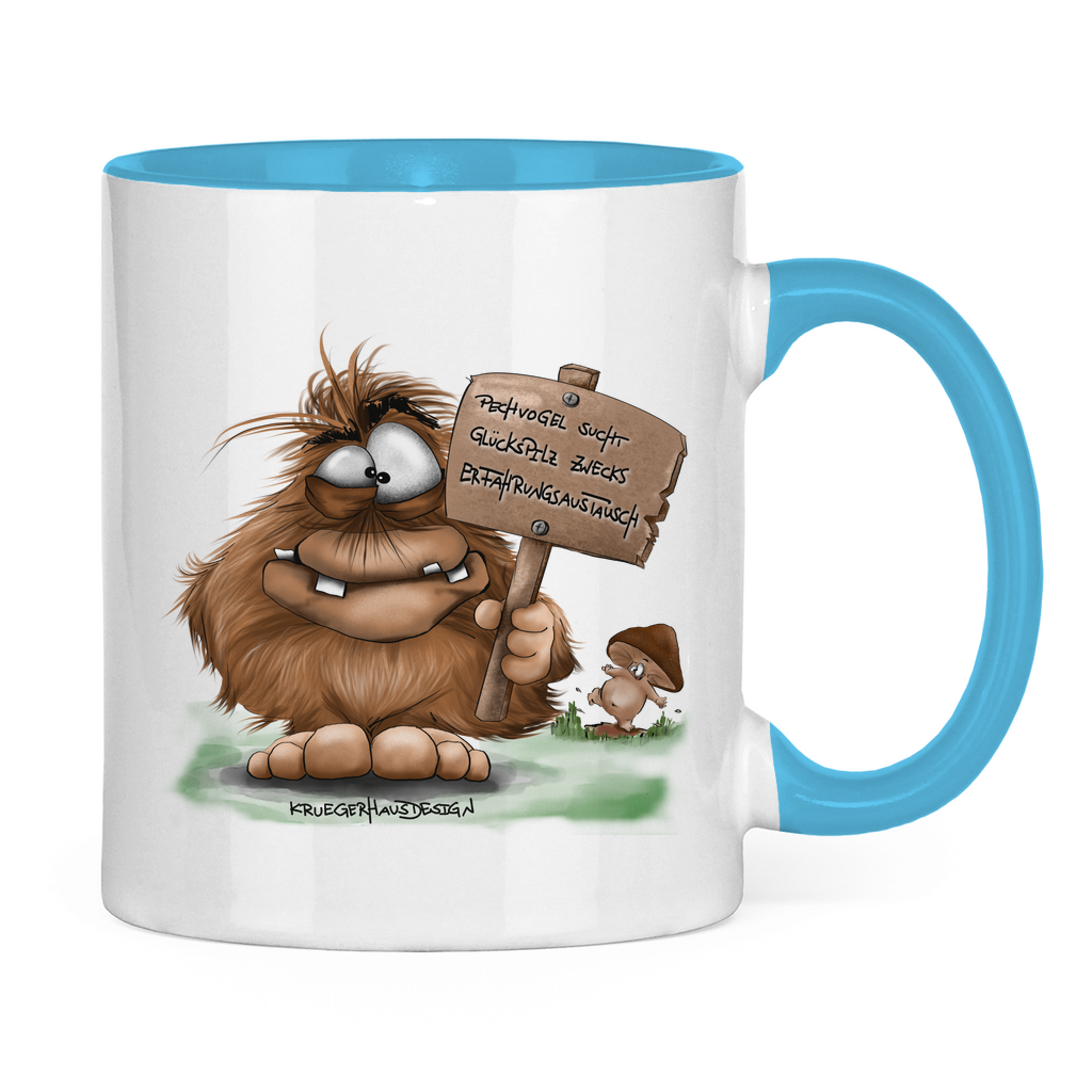 Tasse zweifarbig, Kaffeetasse, Teetasse, Kruegerhausdesign Monster mit Spruch, Pechvogel und Glückspilz