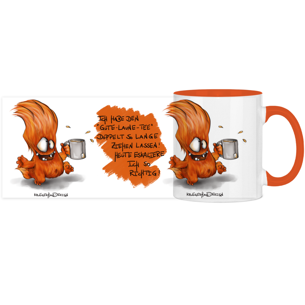 Tasse, Kaffeetasse, Teetasse, zweifarbig, Kruegerhausdesign Monster mit Spruch, 2. Variante, Ich hab den Gute-Laune-Tee...