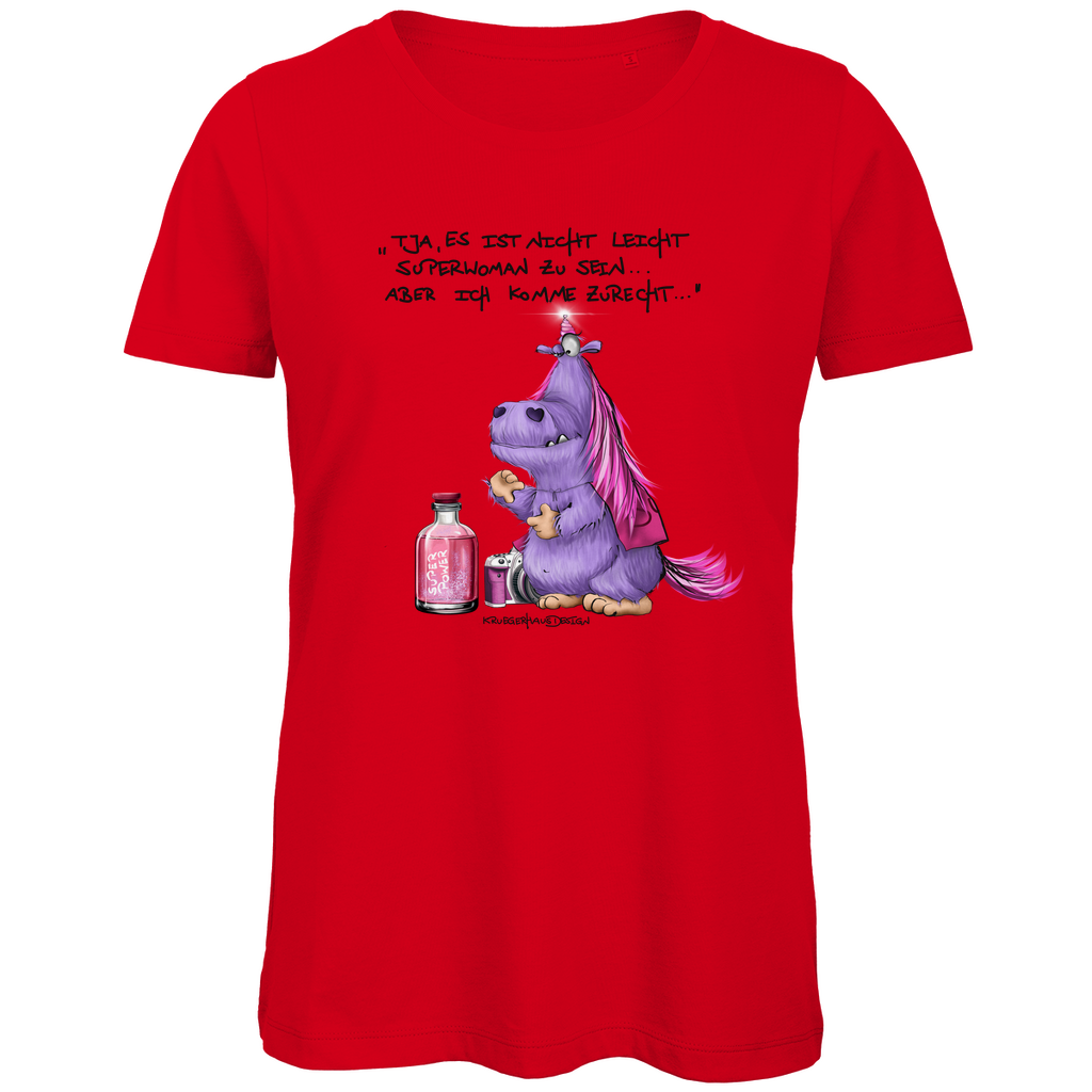 Damen Premium Bio T-Shirt, Kruegerhasudesign Monster mit Spruch,Tja, es ist nicht leicht Superwoman... #314 #314