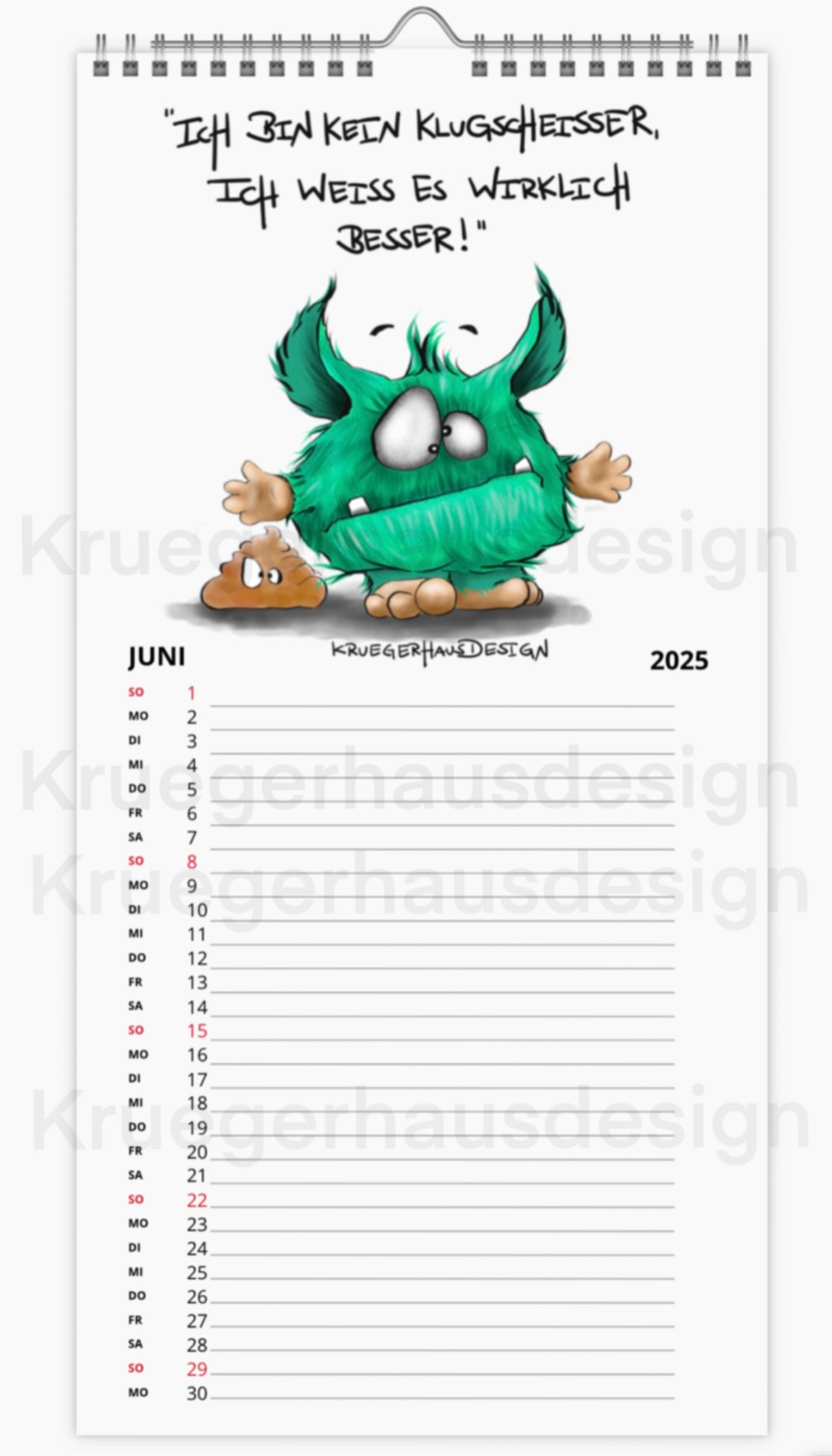 Kalender Terminkalender Küchenkalender groß  Kruegerhausdesign Monster 2025 Design  2