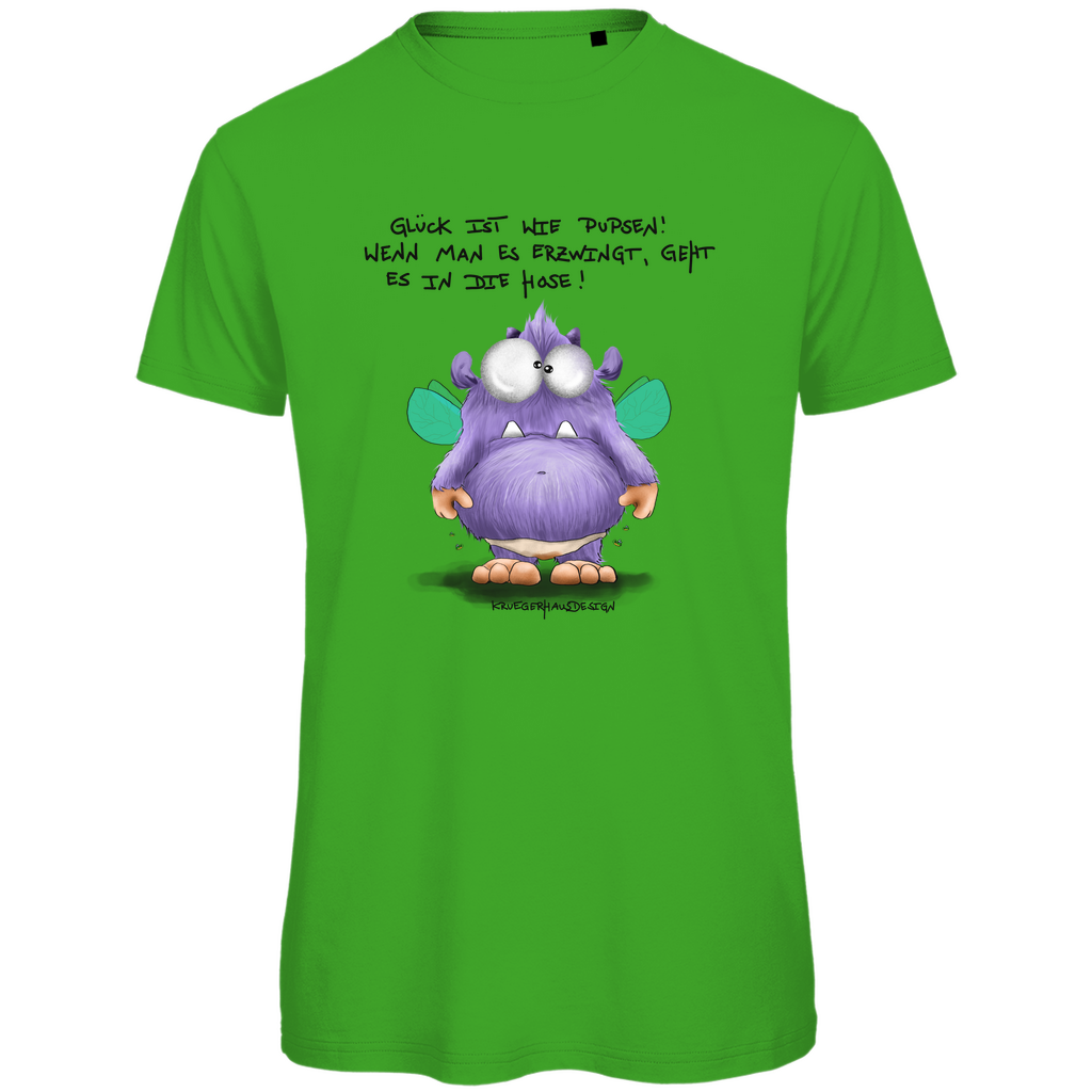 Herren Premium Bio T-Shirt, Kruegerhausdesign Monster Spruch, schwarze Schrift, Glück ist wie Pupsen... #139