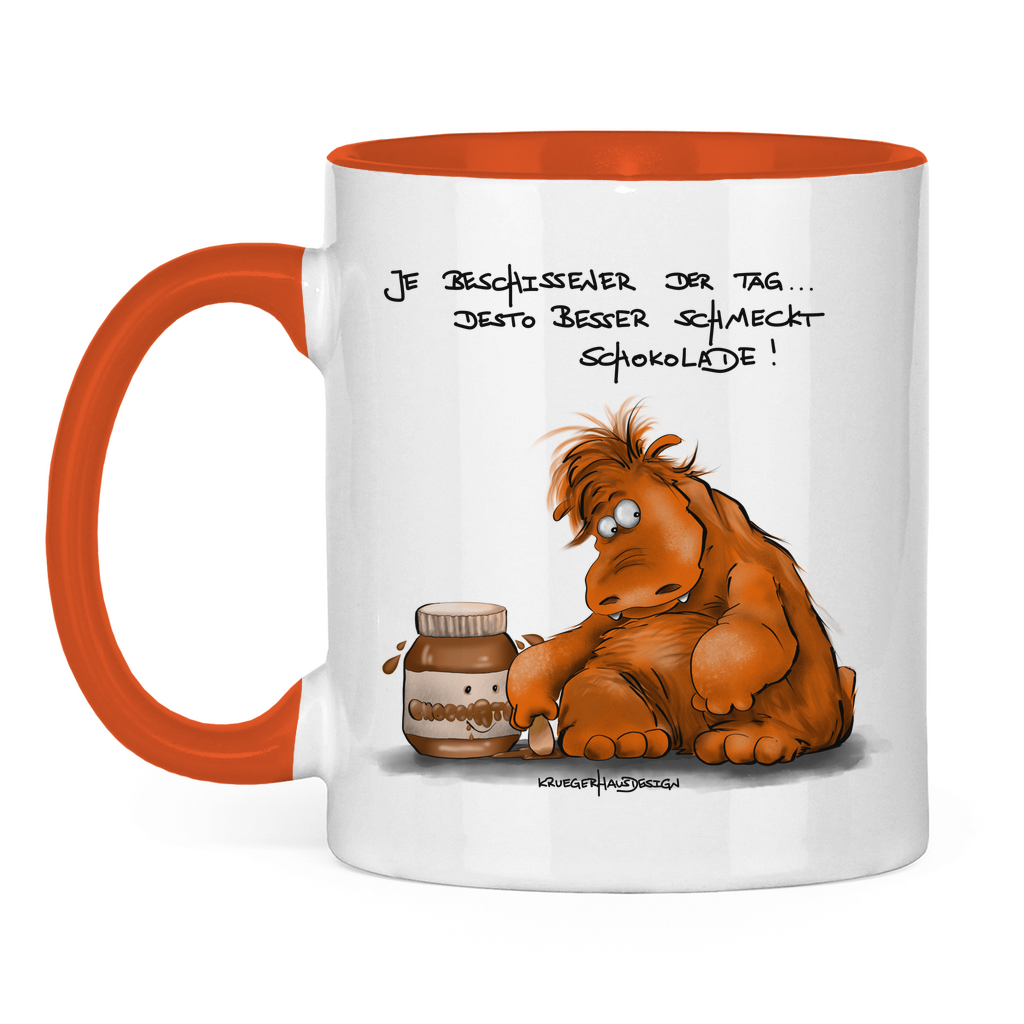 Tasse zweifarbig, Kaffeetasse, Teetasse, Je beschissener der Tag... desto besser schmeckt Schokolade!