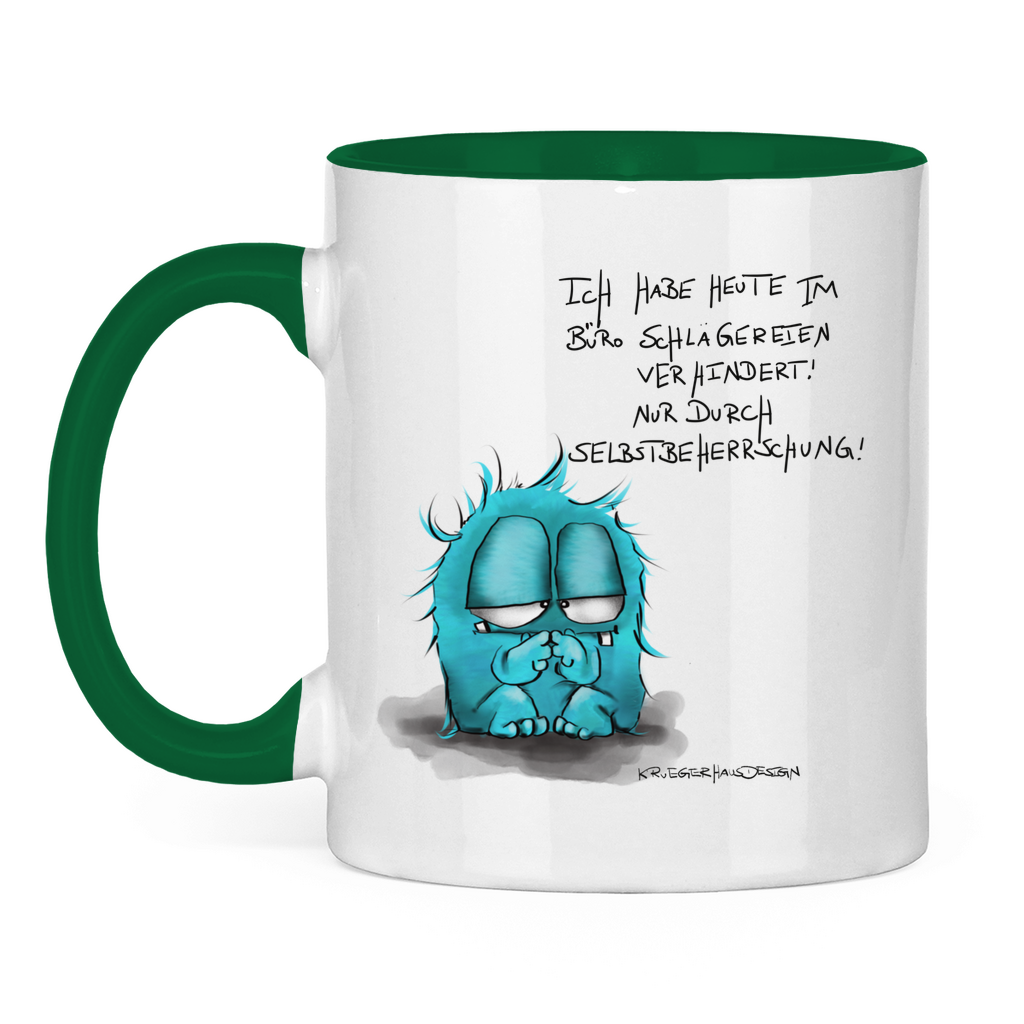 Tasse zweifarbig, Kaffeetasse, Teetasse, Kruegerhausdesign Monster mit Spruch, Ich habe heute im Büro Schlägereien... #61