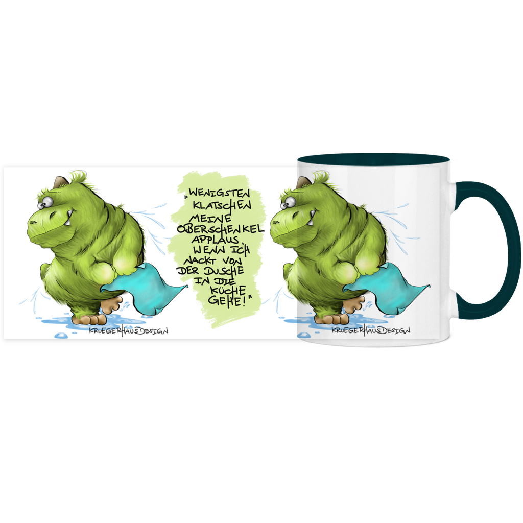 Tasse, Kaffeetasse, Teetasse, zweifarbig, Kruegerhausdesign Monster mit Spruch, 2. Variante, Wenigstens klatschen meine Oberschenkel...