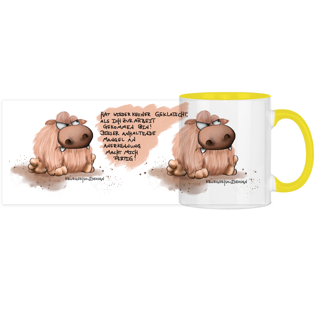 Tasse, Kaffeetasse zweifarbig, Kruegerhausdesign mit Monster und Spruch „Hat wieder keiner geklatscht…“ Volldruck, 2. Variante