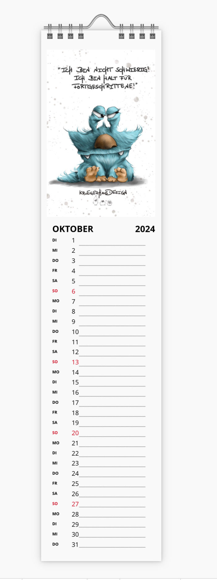 Kalender Terminkalender Küchenkalender schmal  Kruegerhausdesign Monster 2024