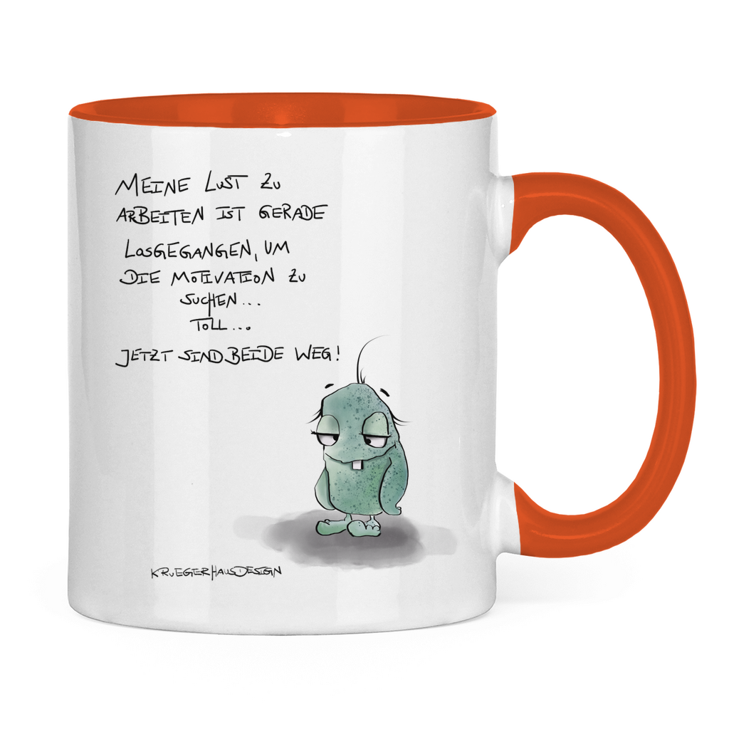 Tasse zweifarbig, Kaffeetasse, Teetasse, Kruegerhausdesign Monster mit Spruch, Meine Lust zu arbeiten... #62