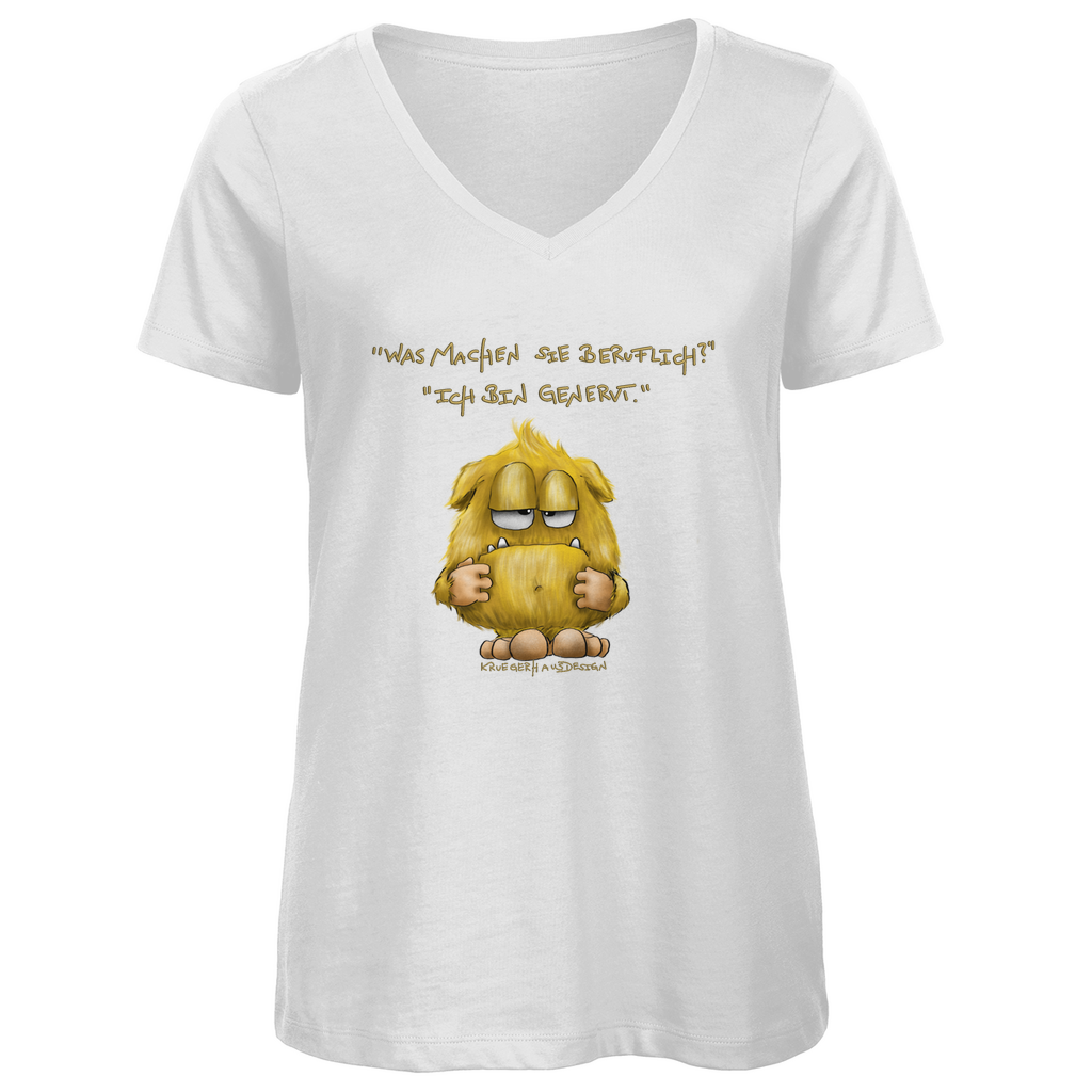 Damen Premium Bio V-Neck T-Shirt, Kruegerhausdesign Monster mit Spruch, Was machen Sie beruflich? Ich bin genervt... #110hell