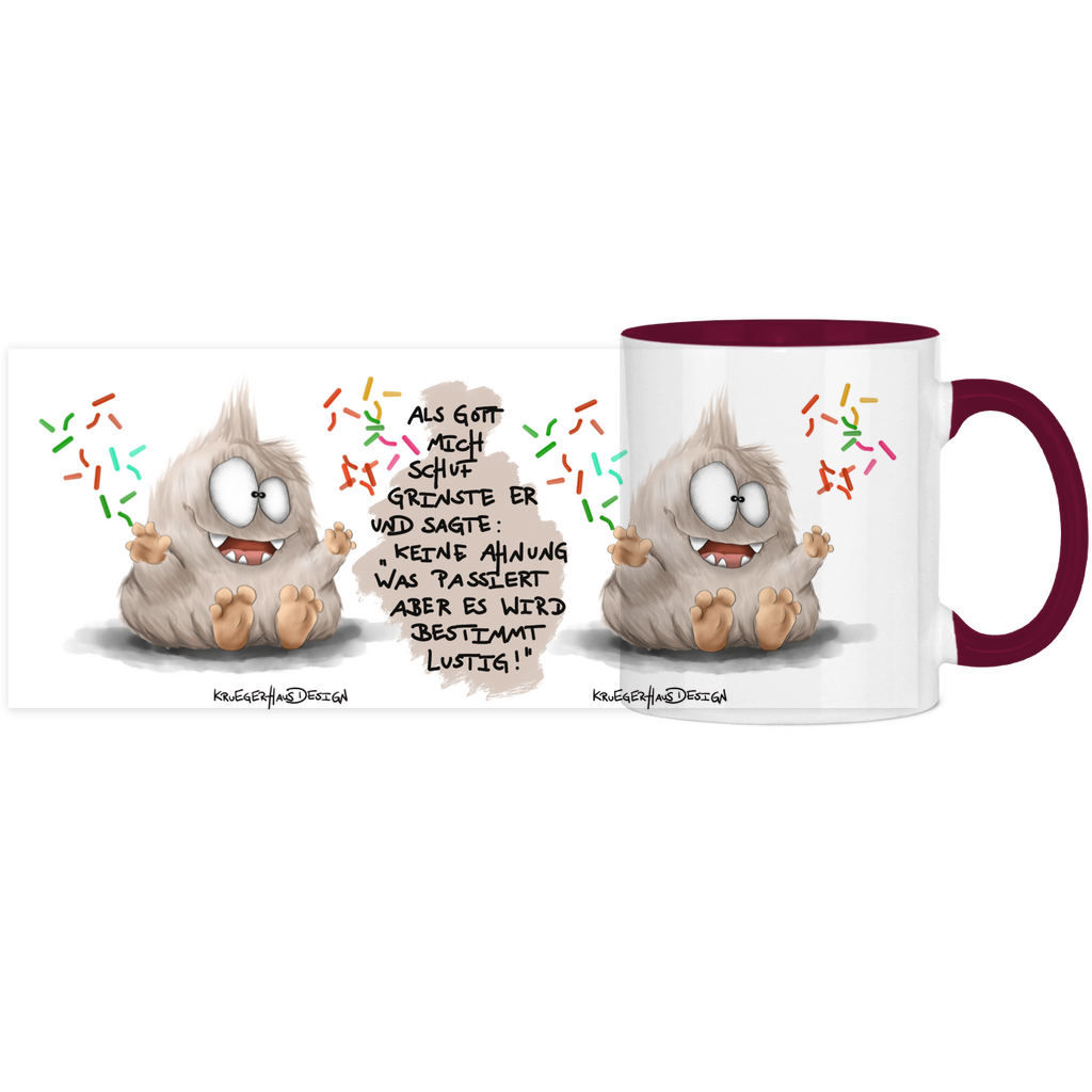 Tasse, Kaffeetasse, Teetasse, Kruegerhausdesign Monster mit Spruch, zweifarbig, 2. Vqariante, Als Gott mich schuf...