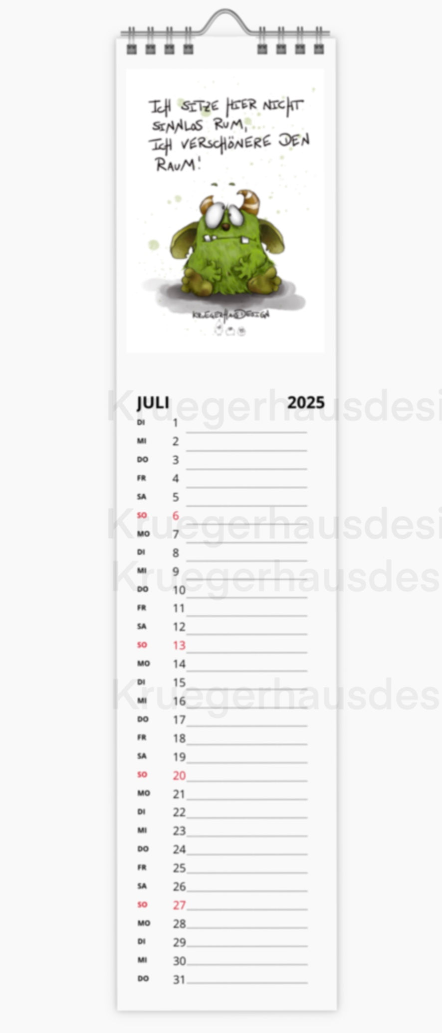 Kalender Terminkalender Küchenkalender schmal  Kruegerhausdesign Monster 2025