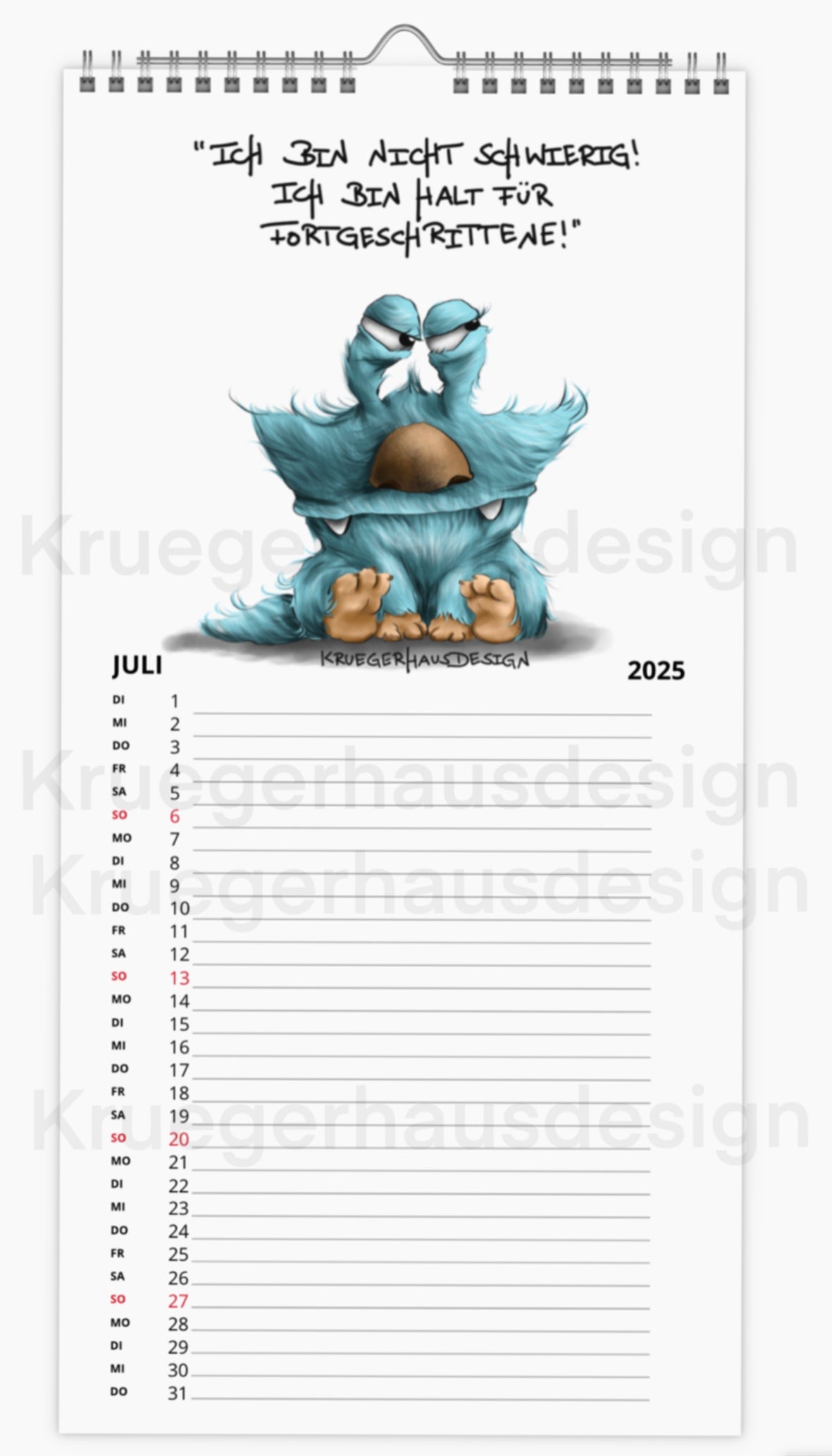 Kalender Terminkalender Küchenkalender groß  Kruegerhausdesign Monster 2025 Design  1