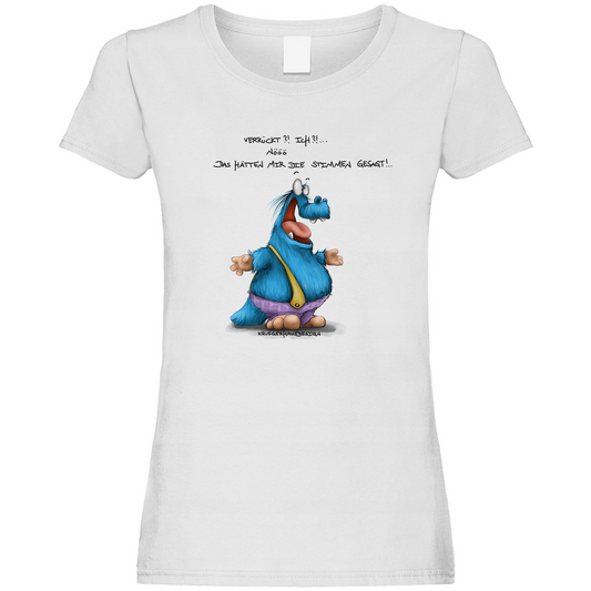 Damen Promo T-Shirt Kruegerhausdesign Monster Spruch dunkle Schrift „Verrückt?!…“ 300