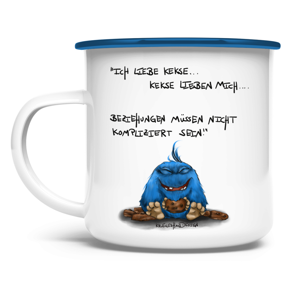 Emaille Tasse, Outdoor, Camping, Kruegerhausdesign Monster und Spruch, Ich liebe Kekse und Kekse lieben mich... #28