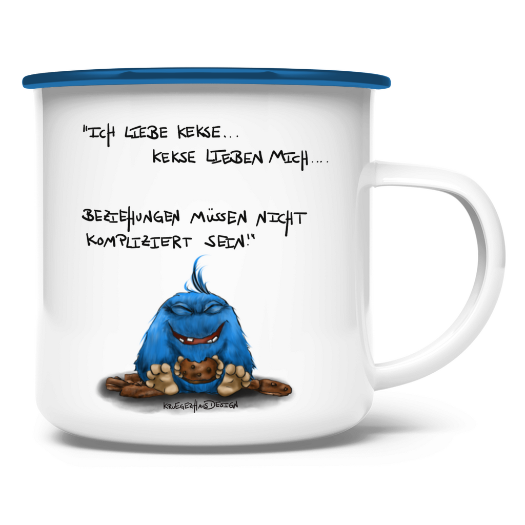 Emaille Tasse, Outdoor, Camping, Kruegerhausdesign Monster und Spruch, Ich liebe Kekse und Kekse lieben mich... #28