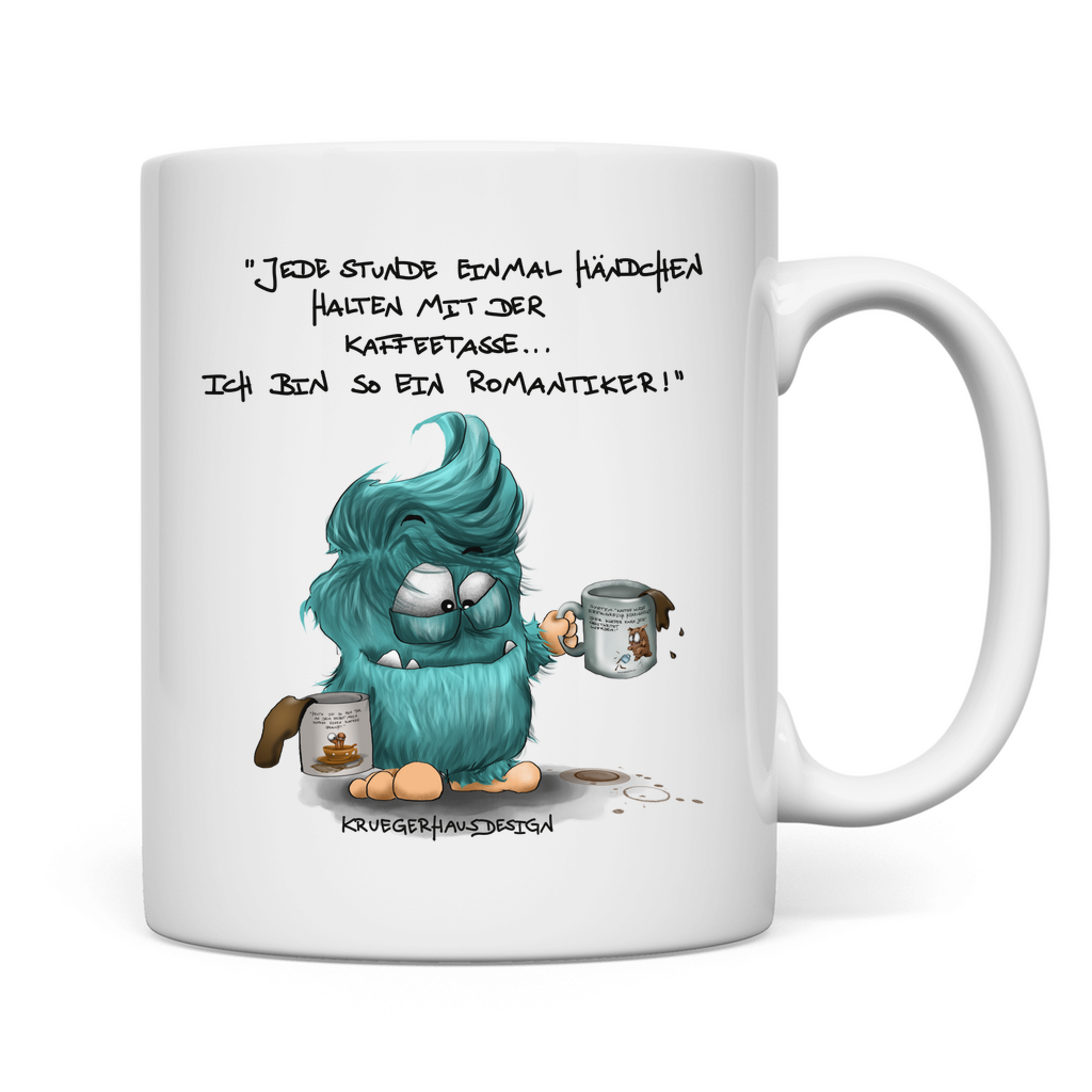 Tasse, Kaffeetasse, Teetasse, Kruegerhausdesign Monster mit Spruch, Jede Stunde einmal Händchen... #180