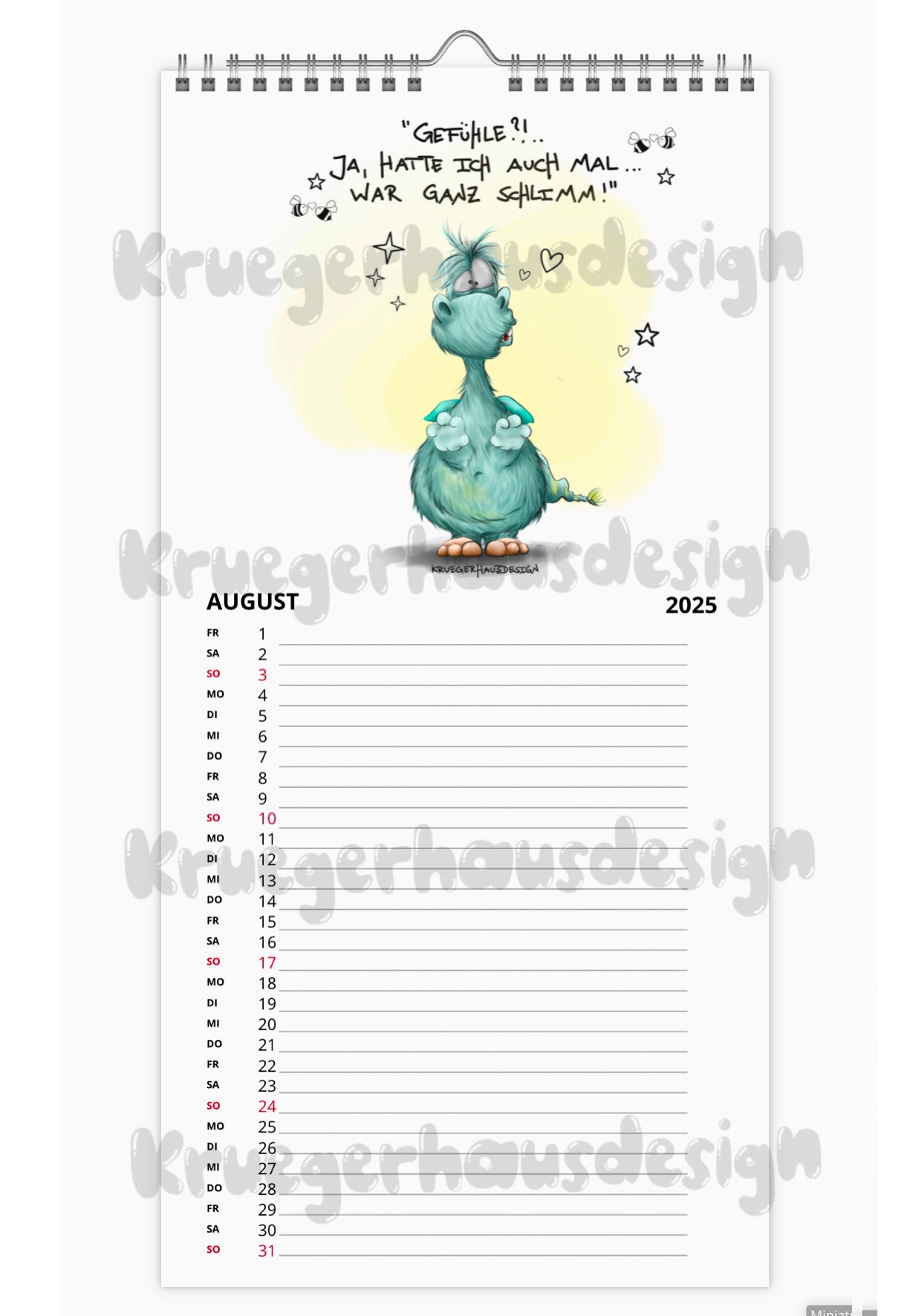 Kalender Terminkalender Küchenkalender groß  Kruegerhausdesign Monster 2025 Design  3