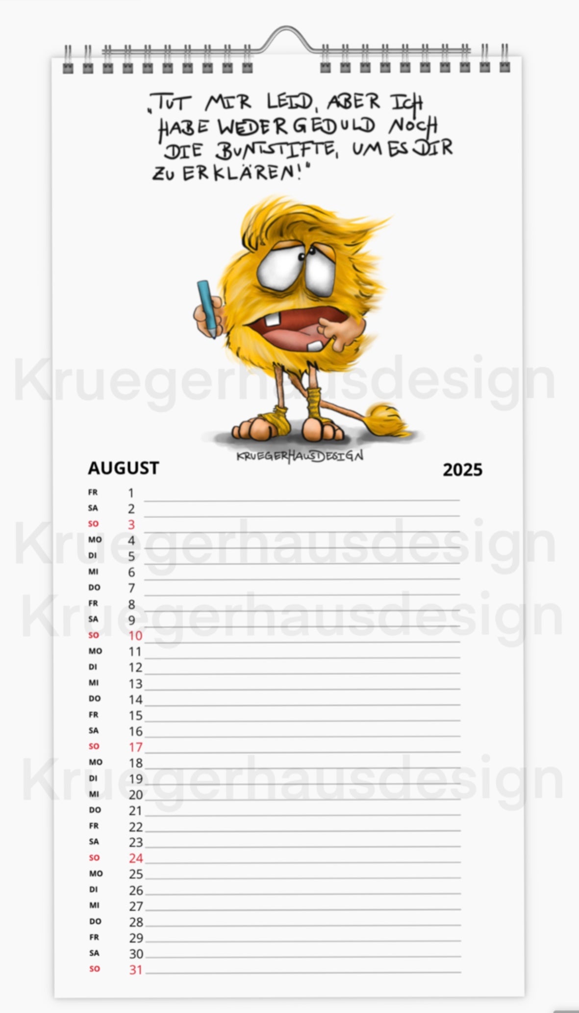 Kalender Terminkalender Küchenkalender groß  Kruegerhausdesign Monster 2025 Design  2