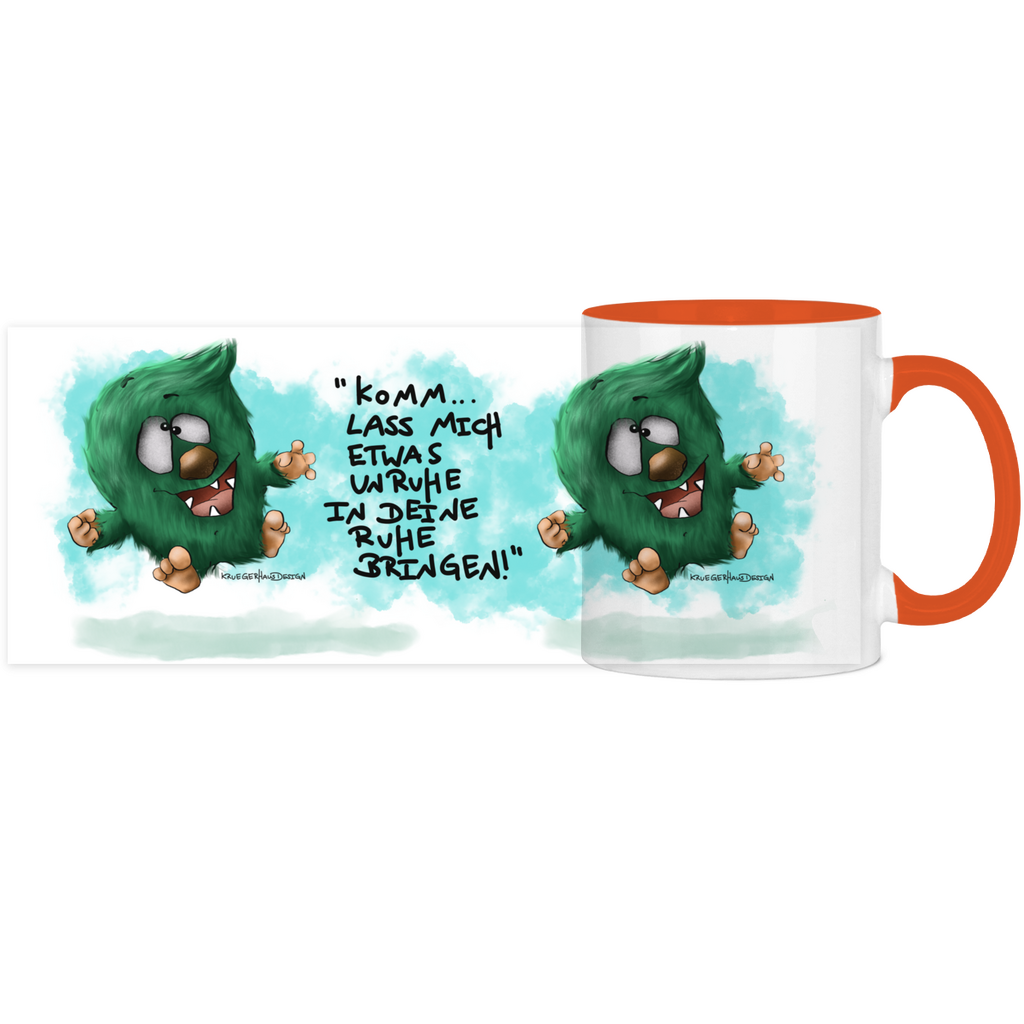 Tasse, Kaffeetasse, Teetasse, zweifarbig, Kruegerhausdesign Monster mit Spruch, 2. Variante, Komm lass mich etwas Unruhe...