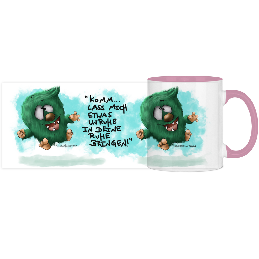 Tasse, Kaffeetasse, Teetasse, zweifarbig, Kruegerhausdesign Monster mit Spruch, 2. Variante, Komm lass mich etwas Unruhe...