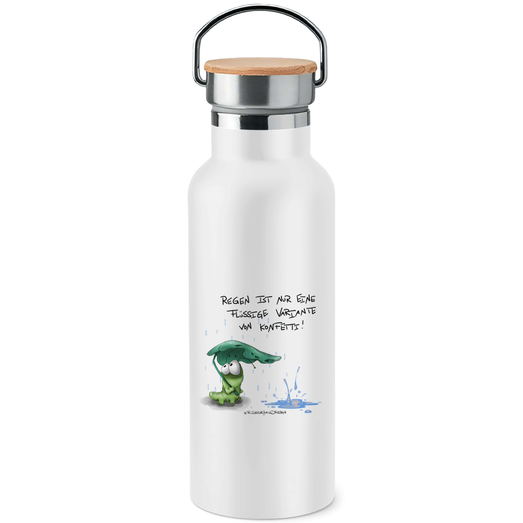 Edelstahl-Trinkflasche mit Bambusdeckel, Kruegerhausdesign Monster mit Spruch, Regen ist nur eine flüssige Variante von Konfetti!... #53