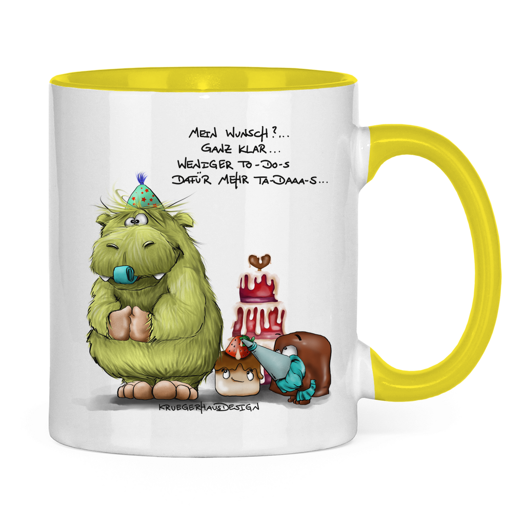 Tasse zweifarbig, Kaffeetasse, Teetasse,  Kruegerhausdesign mit Monster und Spruch, Mein Wunsch... #317