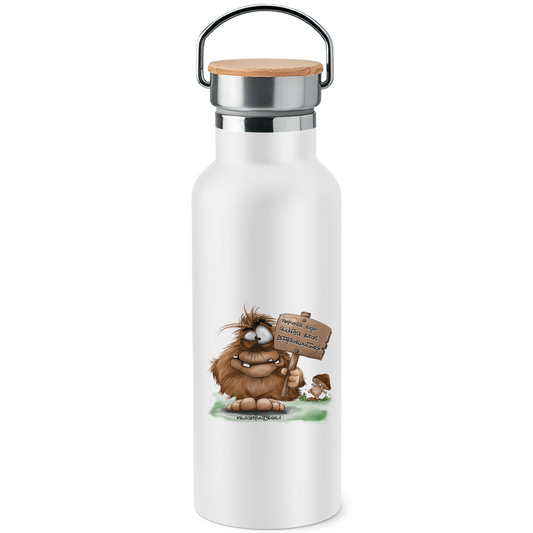 Edelstahl-Trinkflasche mit Bambusdeckel, Kruegerhausdesign Monster mit Spruch, Pechvogel und Glückspilz
