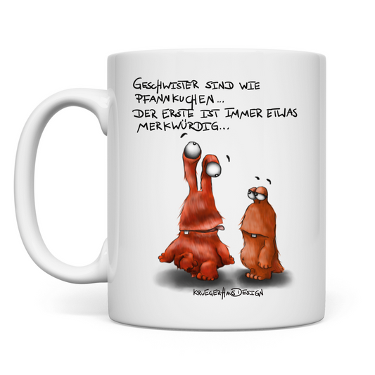 Tasse, Kaffeetasse, Teetasse, Kruegerhausdesign Monster und Spruch, Geschwister sind wie Pfannkuchen... #26