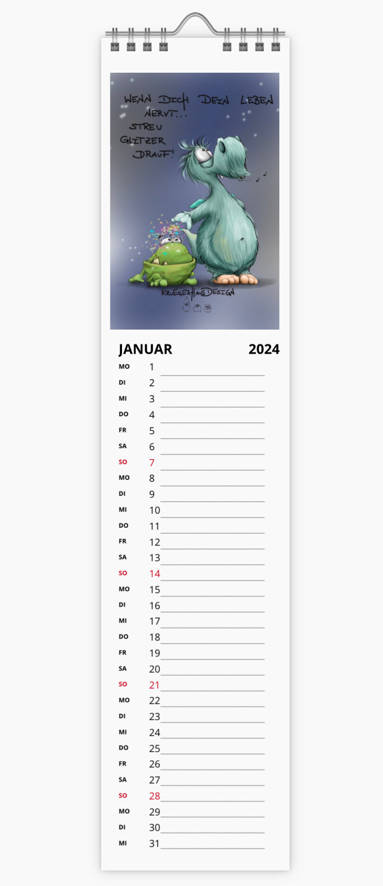Kalender Terminkalender Küchenkalender schmal Olli und Hugo Kruegerhausdesign Monster 2024