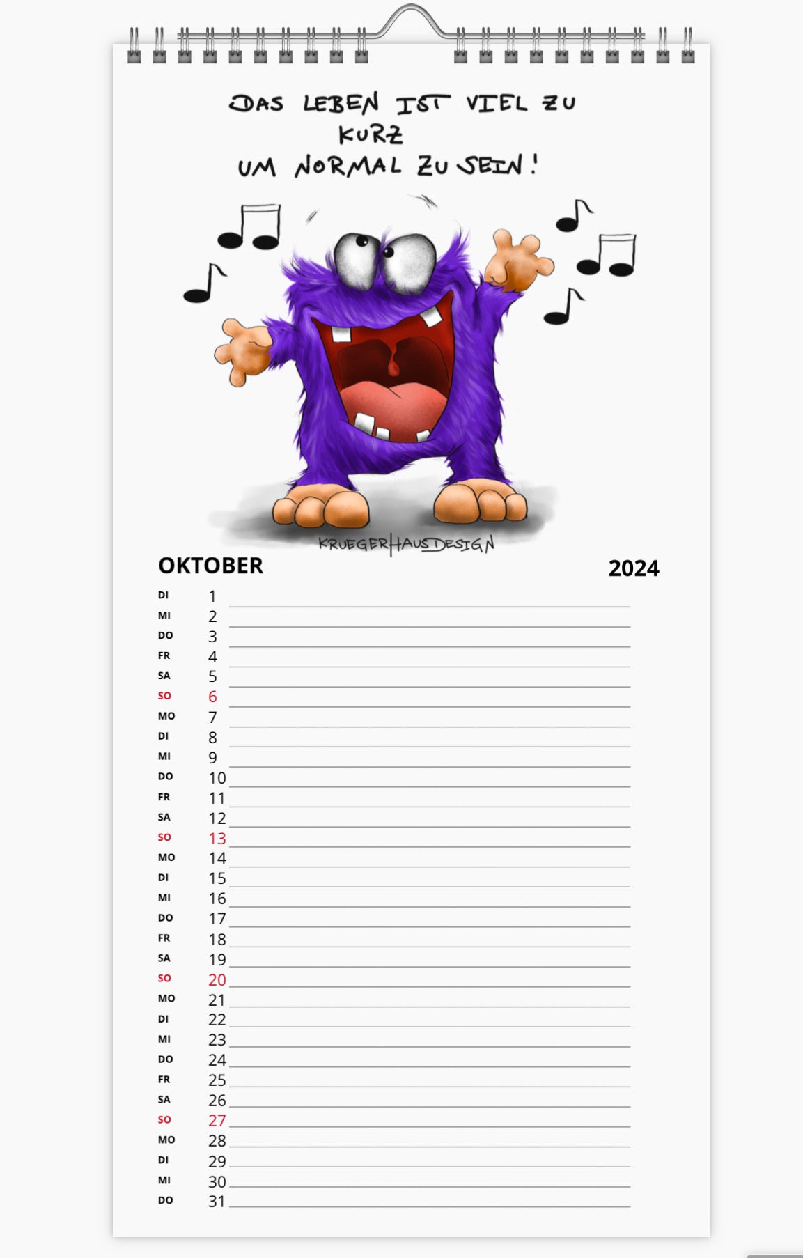 Kalender Terminkalender Küchenkalender groß  Kruegerhausdesign Monster 2024 Design  1