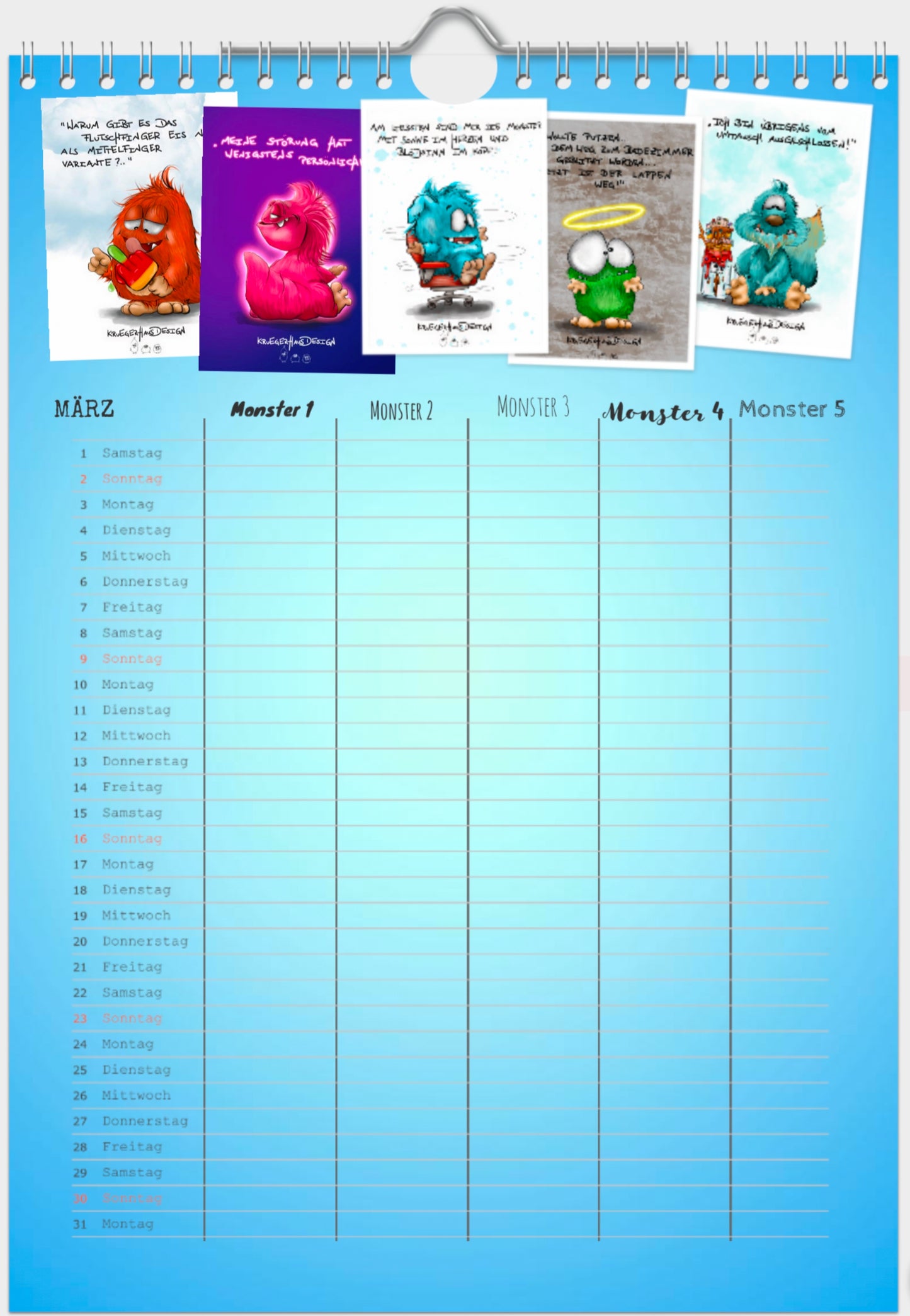 Muster A4 Familienplaner Kalender Kruegerhausdesign Monster Fami 2025 5 Spalten