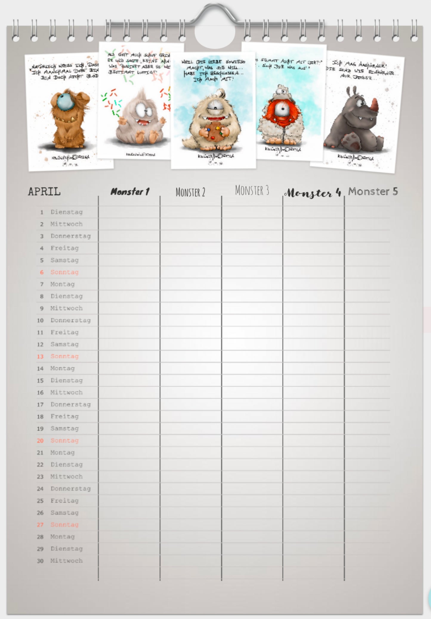 Muster A4 Familienplaner Kalender Kruegerhausdesign Monster Fami 2025 5 Spalten