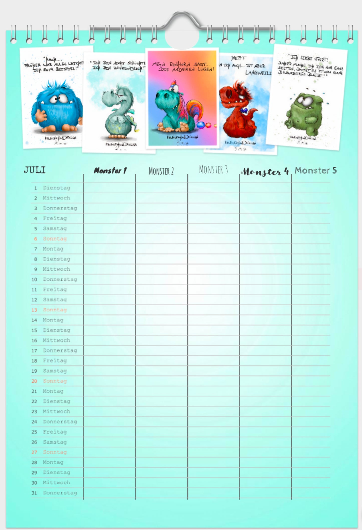 Muster A4 Familienplaner Kalender Kruegerhausdesign Monster Fami 2025 5 Spalten