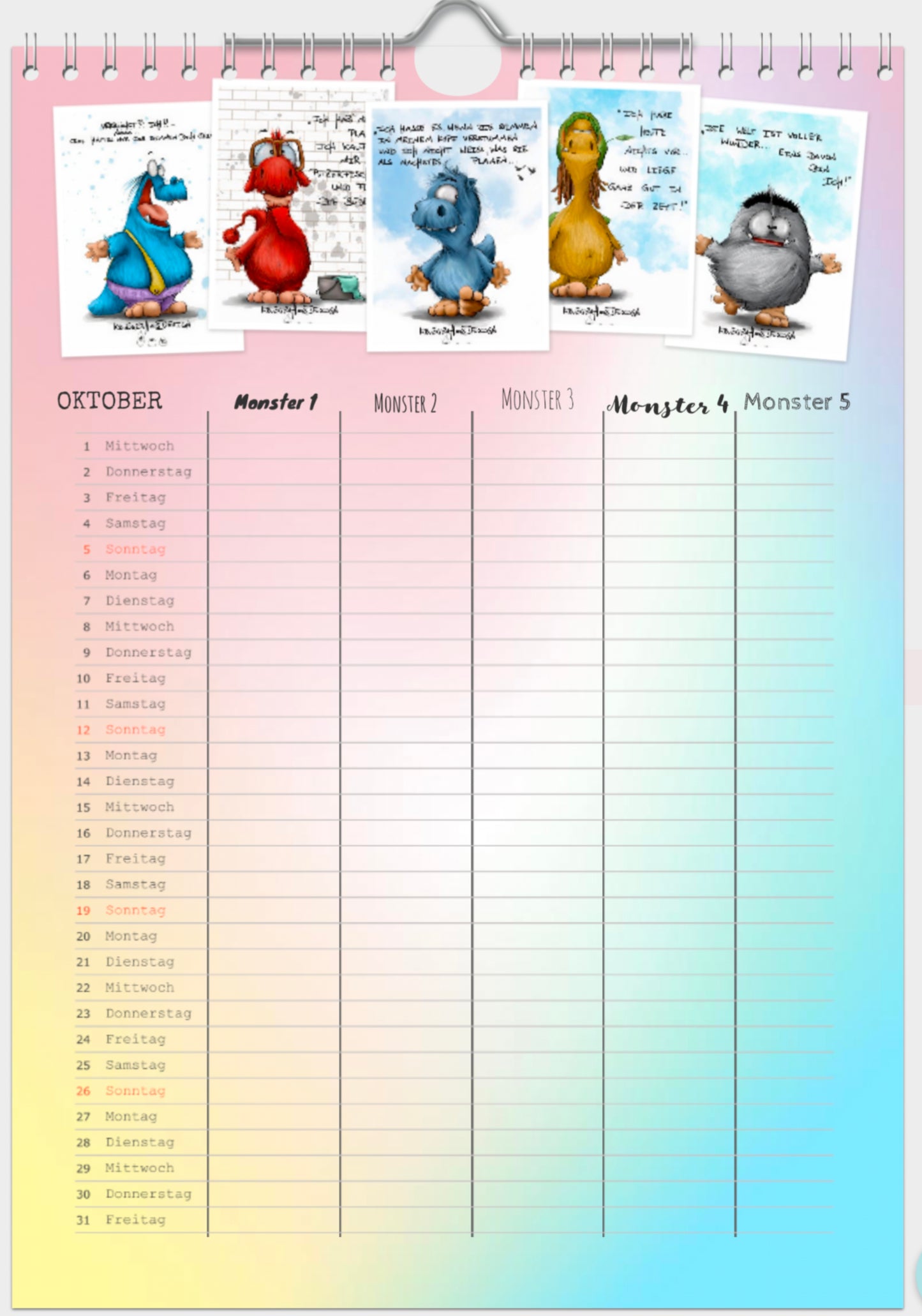 Muster A4 Familienplaner Kalender Kruegerhausdesign Monster Fami 2025 5 Spalten