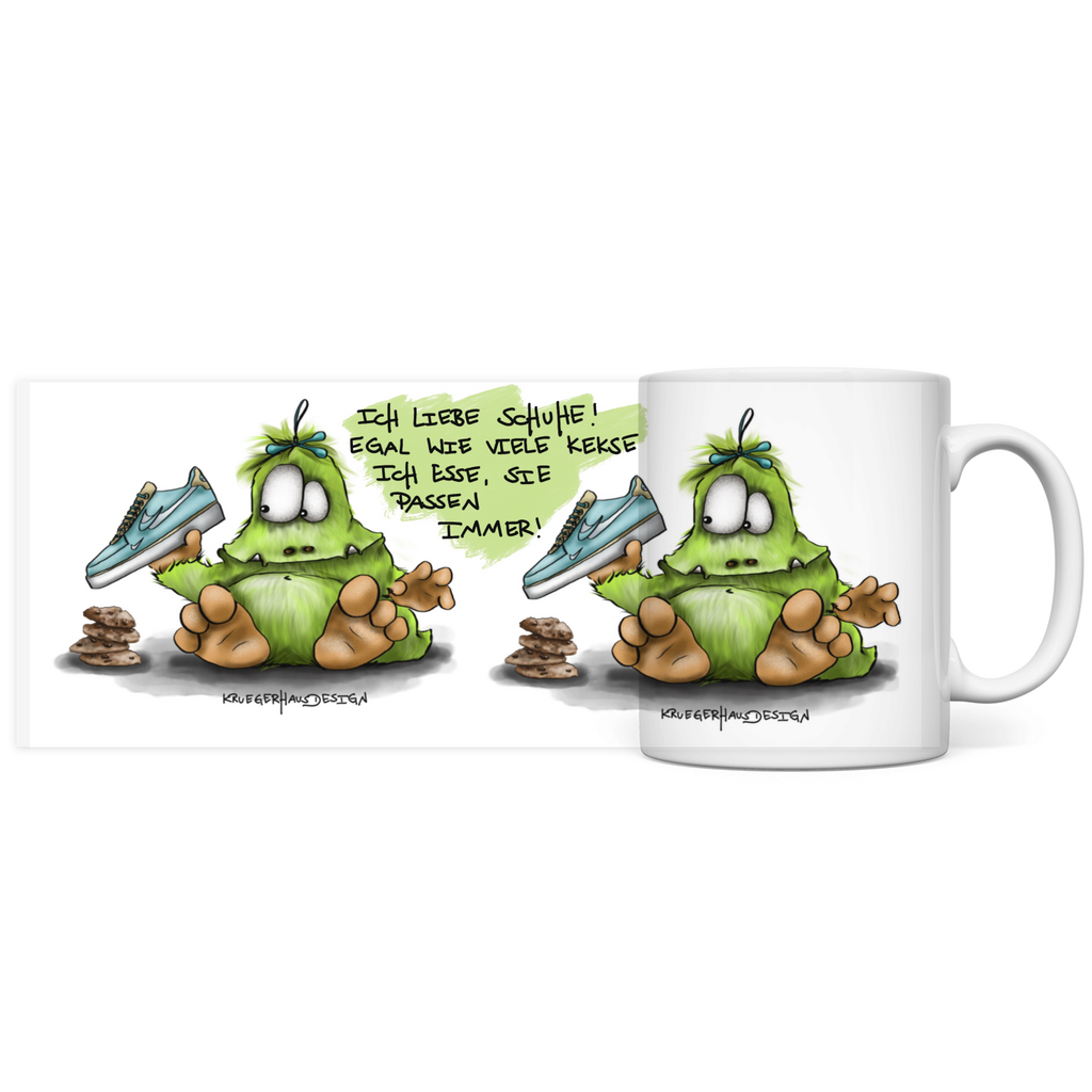 Tasse, Kaffeetasse, Teetasse, Kruegerhausdesign Monster mit Spruch, 2.Variante, Ich liebe Schuhe...