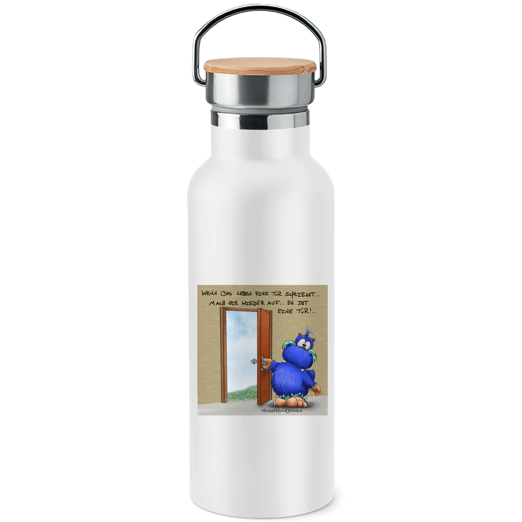 Edelstahl-Trinkflasche mit Bambusdeckel, Kruegerhausdesign mit Monster und Spruch, Wenn das Leben eine Tür schliesst... #316