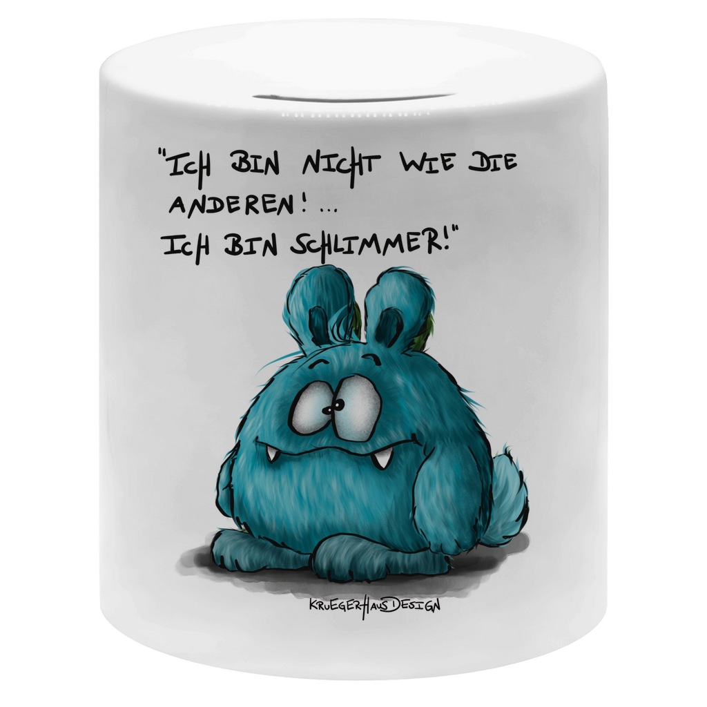 Money box, Spardose, Kruegerhausdesign Monster mit Spruch, Ich bin nicht wie die anderen, blau #3a