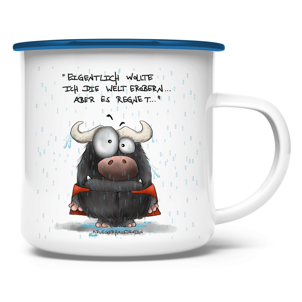 Emaille Tasse, Outdoor, Camping, Kruegerhausdesign Monster mit Spruch, Eigentlich wollte ich die Welt...  #163