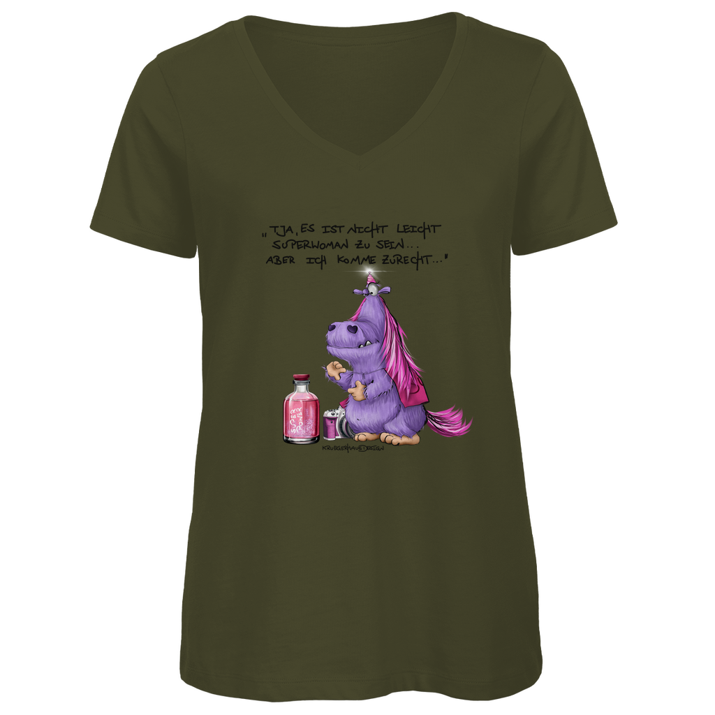 Damen Premium Bio V-Neck T-Shirt, Kruegerhasudesign Monster mit Spruch,Tja, es ist nicht leicht Superwoman... #314 #314