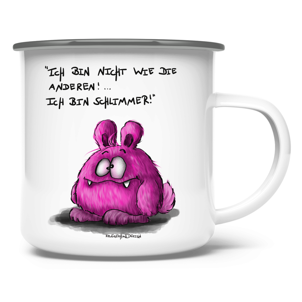 Emaille Tasse, Outdoor, Camping, Kruegerhausdesign Monster mit Spruch, Ich bin nicht wie die anderen, pink, #4