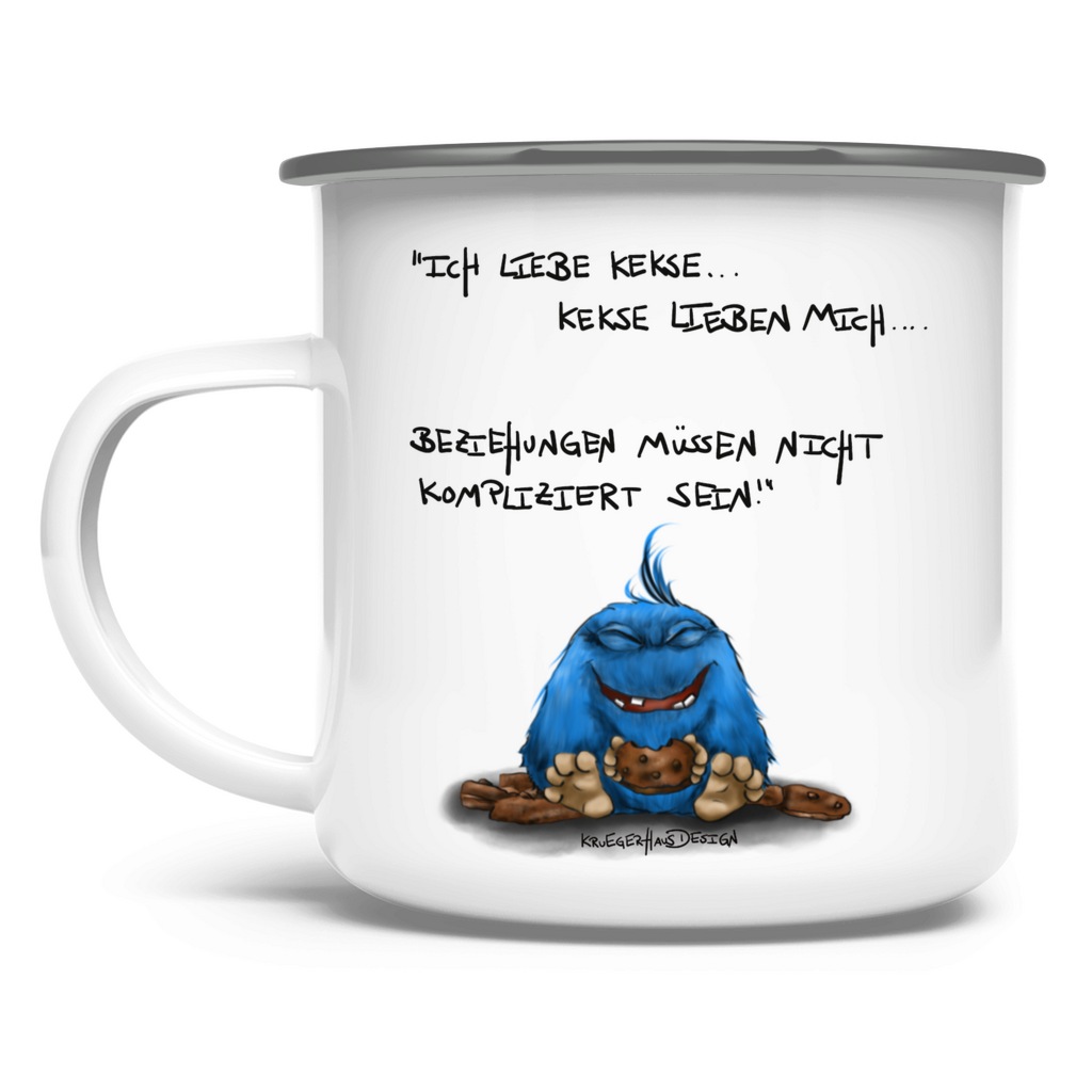 Emaille Tasse, Outdoor, Camping, Kruegerhausdesign Monster und Spruch, Ich liebe Kekse und Kekse lieben mich... #28