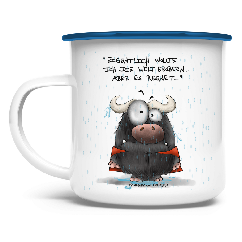 Emaille Tasse, Outdoor, Camping, Kruegerhausdesign Monster mit Spruch, Eigentlich wollte ich die Welt...  #163