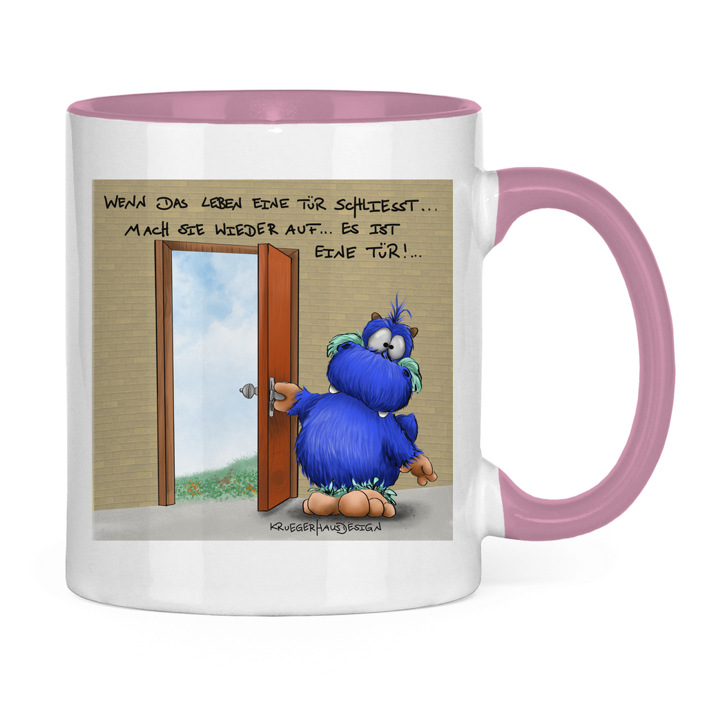 Tasse zweifarbig, Kaffeetasse, Teetasse, Kruegerhausdesign mit Monster und Spruch, Wenn das Leben eine Tür schliesst... #316