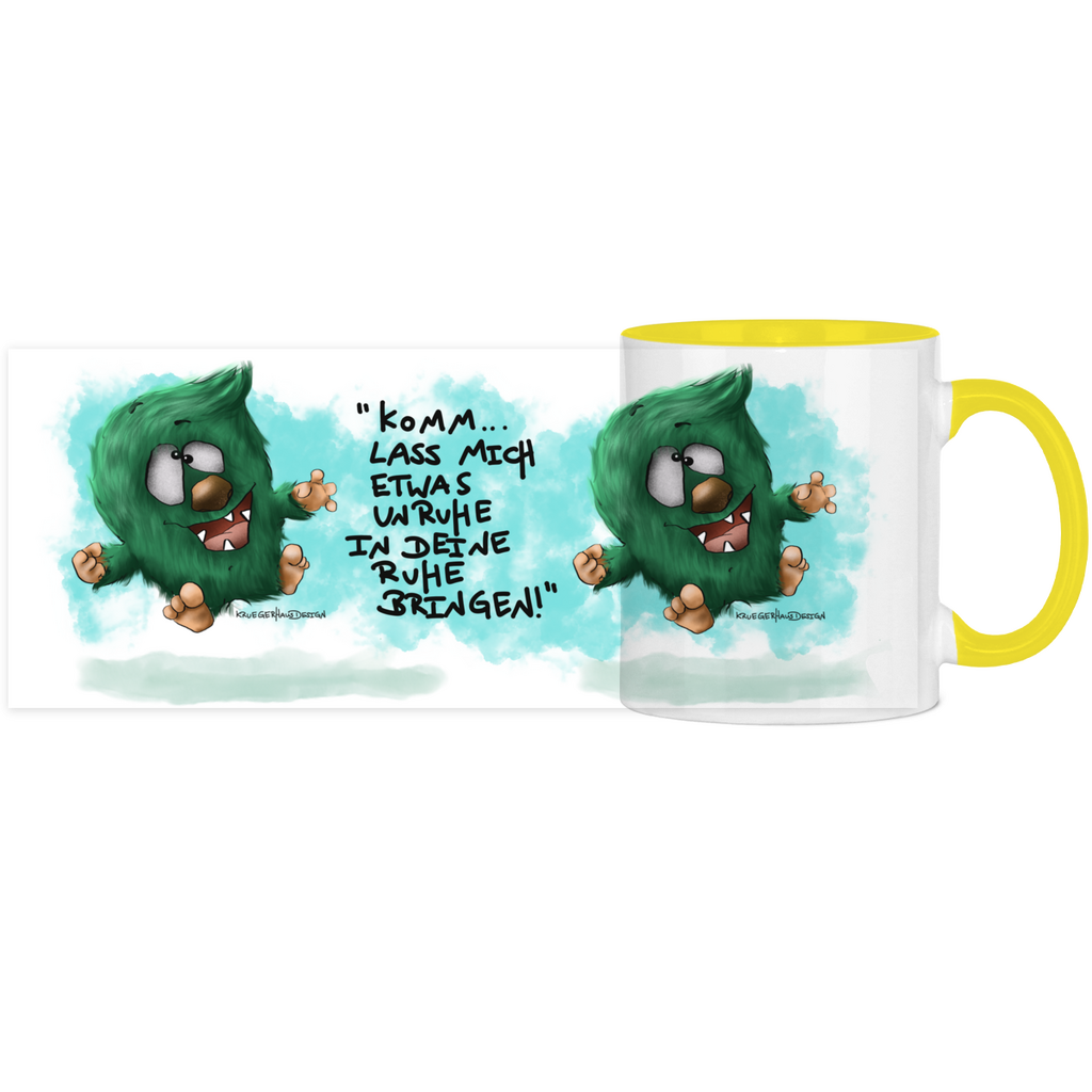 Tasse, Kaffeetasse, Teetasse, zweifarbig, Kruegerhausdesign Monster mit Spruch, 2. Variante, Komm lass mich etwas Unruhe...