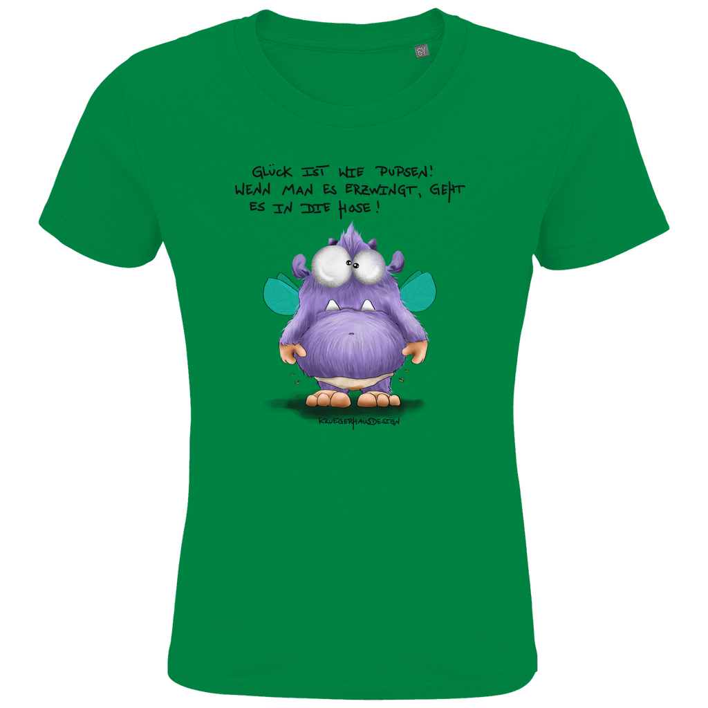 Kids Premium Bio T-Shirt, Kruegerhausdesign Monster Spruch, schwarze Schrift, Glück ist wie Pupsen... #139