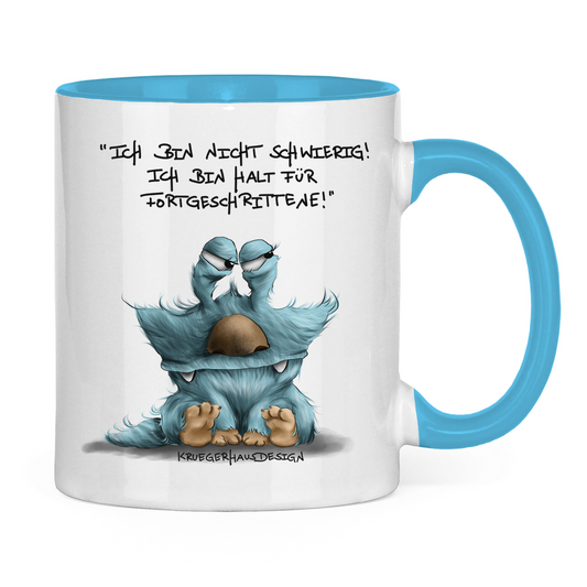 Tasse zweifarbig, Kaffeetasse, Teetasse, Kruegerhausdesign Monster mit Spruch, Ich bin nicht schwierig... #311