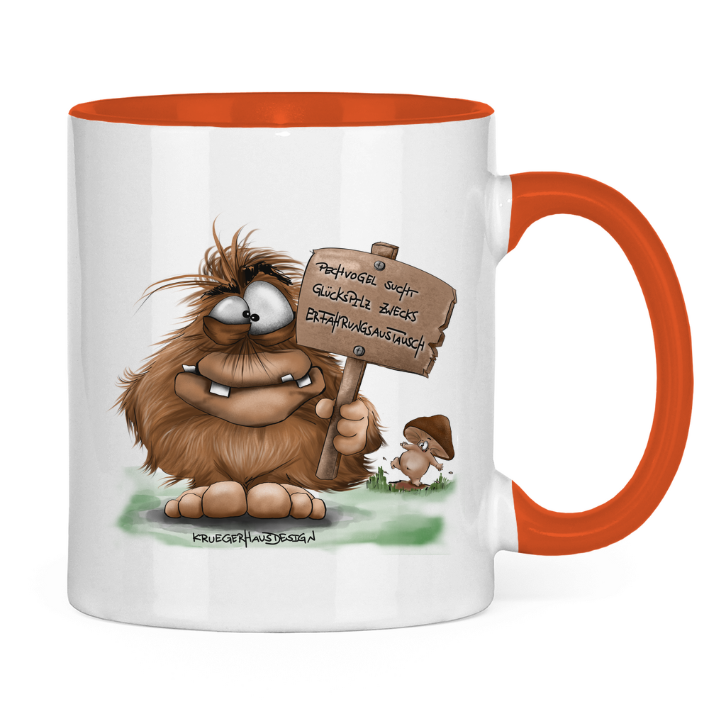 Tasse zweifarbig, Kaffeetasse, Teetasse, Kruegerhausdesign Monster mit Spruch, Pechvogel und Glückspilz