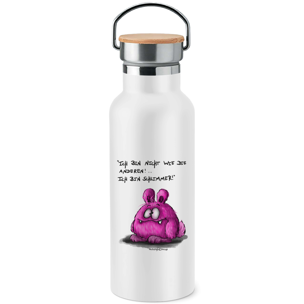 Edelstahl-Trinkflasche mit Bambusdeckel, Kruegerhausdesign Monster mit Spruch, Ich bin nicht wie die anderen, pink, #4